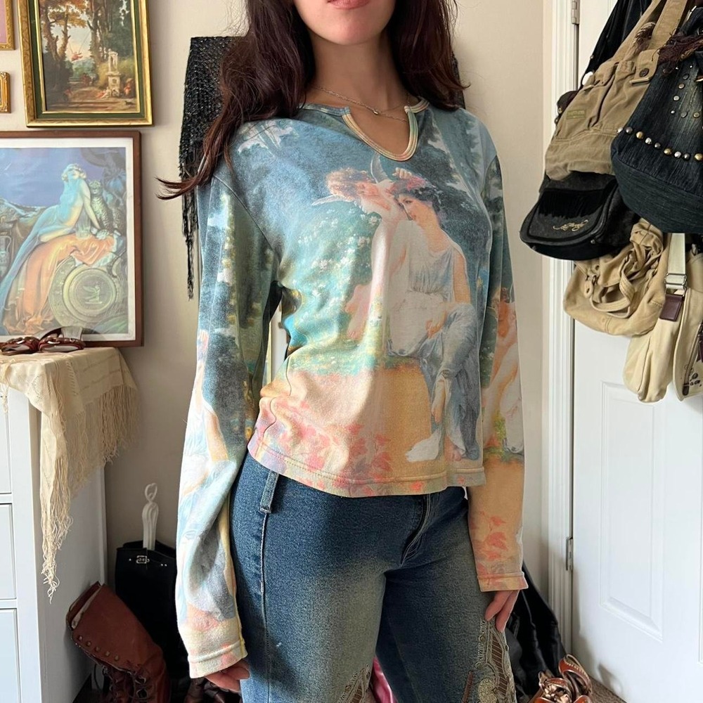P&N Vintage 2000s Fairy All Over Print Long Sleeve Top Blue Fairycore Y2K M - Picture 2 of 7